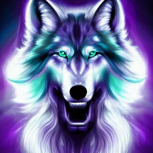 Prompt: luminescent white purple cyan gradient detailed airbrush painting of long haired spirit wolf