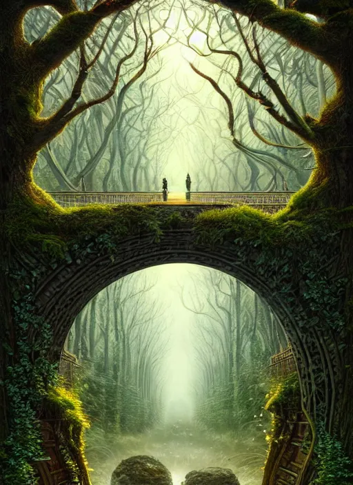 Image similar to book cover!!!!!!!!!!!!, old bridge, ivy leaves graphic vectors at each border, fantasy forest landscape, fantasy magic, light night, intricate, elegant, sharp focus, illustration, highly detailed,, art by wlop and artgerm and ivan shishkin and andrey shishkin, masterpiece