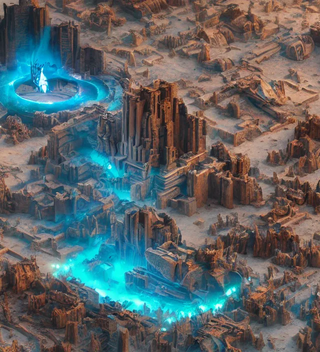 Image similar to an anthropomorphic beautiful giant futuristic lost temple made of dust in a desert, blue crazy river, fine art, award winning, intricate, elegant, sharp focus, octane render, hyperrealistic, cinematic lighting, highly detailed, digital painting, 8 k concept art, art by jamie hewlett and z. w. gu, masterpiece, trending on artstation, 8 k