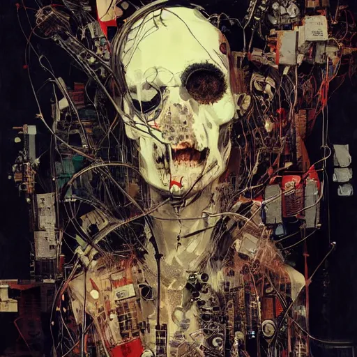 Image similar to a cyberpunk noir detective, skulls, wires cybernetic implants, machine noir grimcore, in the style of adrian ghenie esao andrews jenny saville surrealism dark art by james jean takato yamamoto and by ashley wood and mike mignola