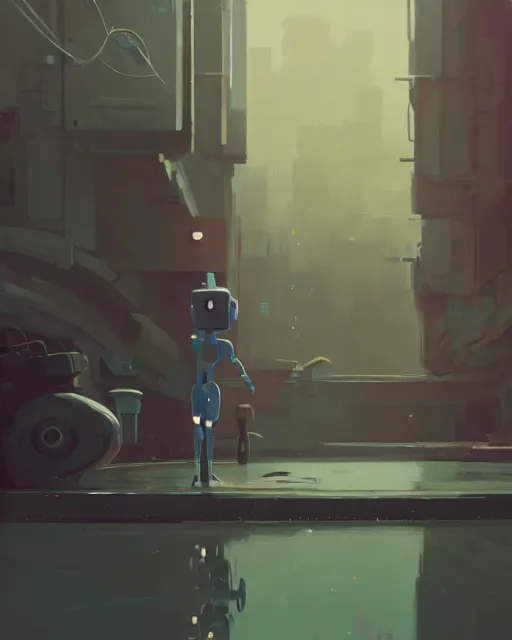 Prompt: a robot half sunken in a puddle, cory loftis, james gilleard, atey ghailan, makoto shinkai, goro fujita, character art, exquisite lighting, clear focus, very coherent, plain background, soft painting