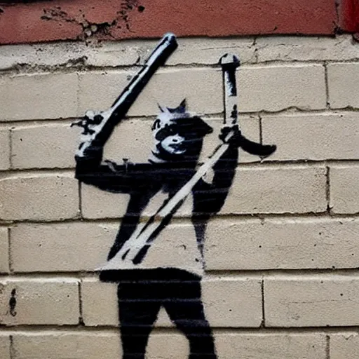 Prompt: Banksy street art showing a rat holding a hammer and sickle. On a brick wall in a big city. Highly detailed. Linden street art. Banksy