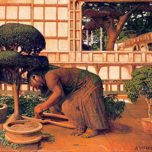 Prompt: Old African gardener cutting bonsai trees, isyllic Garden, by Annie Swynnerton and Nicholas Roerich and jean delville, glowing paper lanterns, strong dramatic cinematic lighting , ornate tiled architecture, lost civilizations, smooth, sharp focus, extremely detailed