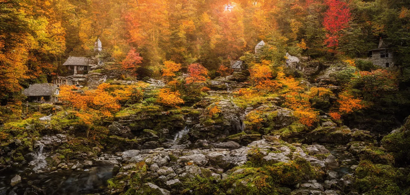 Image similar to sparse stone cottages underneath a dense tall forest, with pristine reflex from cascading ponds. gorgeous, elegant, sophisticated, an ultrafine painting, intricate brush strokes, bright depth oil colors, photography by araken alcantara. intense promiseful happiness, autumn sunrise warm light, detailed and intricate environment. hopeful. bodyscapes