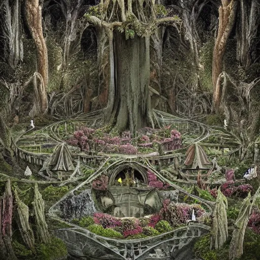 Image similar to a beautiful spooky and highly detailed matte painting of a gothic floral garden in a evil forest in the dry valley high in the most terrible mountains ever, intricate details, epic scale, insanely complex, 8 k, sharp focus, hyperrealism, very realistic, by caspar friedrich, greg rutowski, james gurney