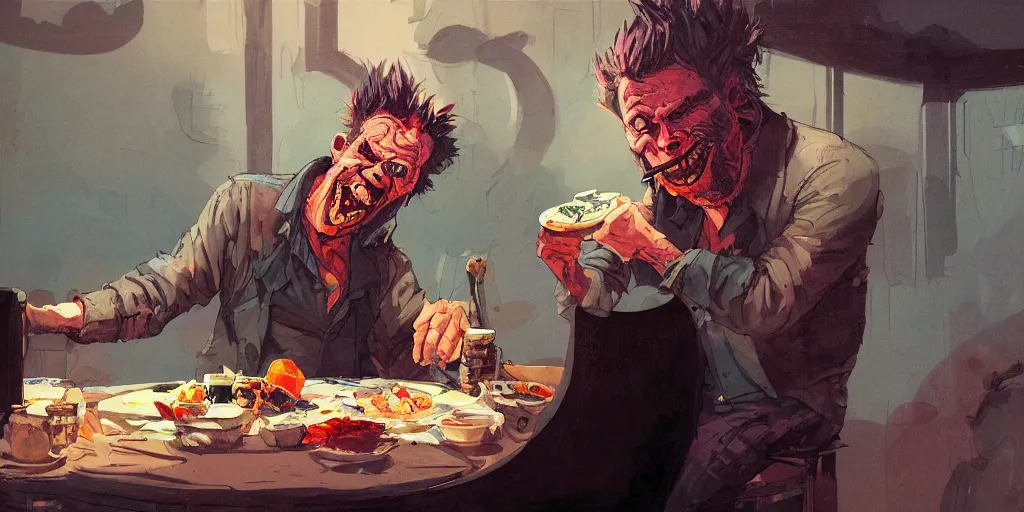 Prompt: cartoonish tom waits eating dinner, vivid colors, character sheet, fine details, concept design, contrast, kim jung gi, greg rutkowski, trending on artstation, 8 k, full body, turnaround, front view, back view, ultra wide angle