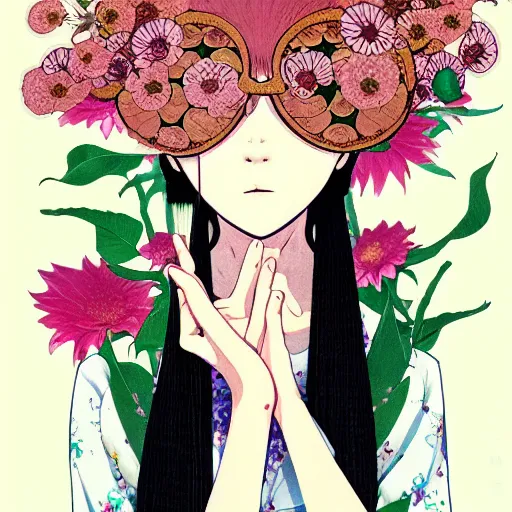 Prompt: prompt: Fragile portrait of singular persona covered with flowers illustrated by Katsuhiro Otomo, inspired by Evangeleon anime, smaller attributes, eyepatches, illustrative gouache style, intricate ink and gouache painting detail, manga and anime 1990