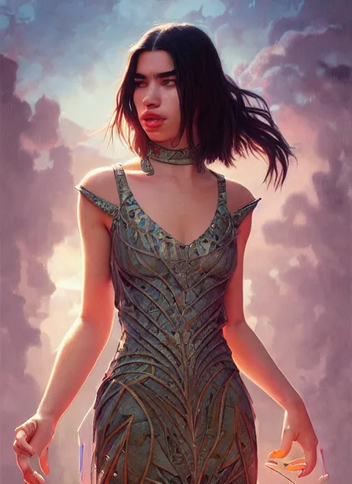 Image similar to dua lipa, wearing a semi transparent dress, deep focus, d & d, fantasy, intricate, elegant, highly detailed, digital painting, artstation, concept art, matte, sharp focus, illustration, hearthstone, art by artgerm and greg rutkowski and alphonse mucha