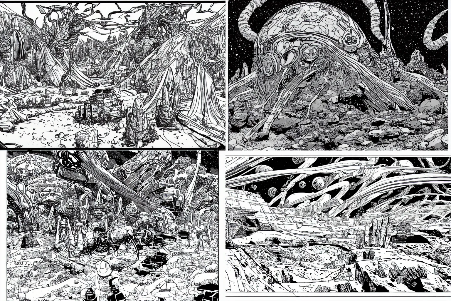 Prompt: ancient alien world in style of moebius and laurie greasley, line art, very detailed, atmospheric