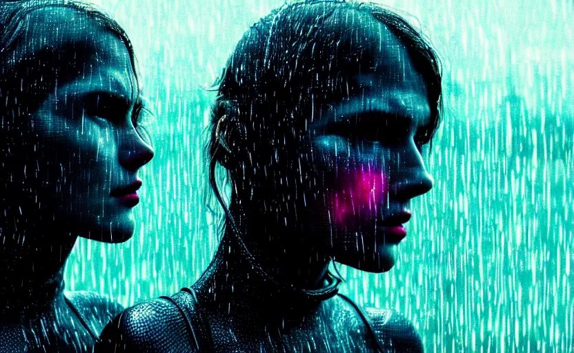 Image similar to cinestill 5 0 d candid photographic portrait by christopher nolan of two loving female androids sobbing wearing rugged black mesh techwear in treacherous waters, medium closeup, modern cyberpunk moody emotional cinematic, pouring iridescent rain bright spotlight, 8 k, hd, high resolution, 3 5 mm, f / 3 2, ultra realistic faces, ex machina