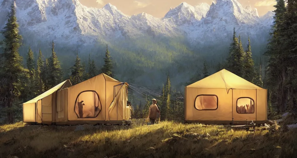 Image similar to cabela's beautiful comfortable carbon framed, modular insulated wall portable container home kit - house all weather family dwelling tent house, person in foreground, mountainous forested wilderness open fields, beautiful views, painterly concept art, environmental concept art, concept art illustration, by james gurney, by craig mullins, by greg rutkowski trending on artstation