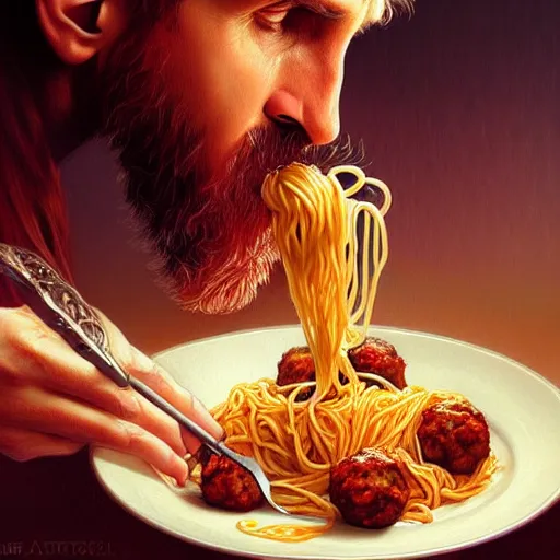 Prompt: Messi eating spaghetti with meatballs, closeup, D&D, fantasy, intricate, elegant, highly detailed, digital painting, artstation, concept art, matte, sharp focus, illustration, art by Artgerm and Greg Rutkowski and Alphonse Mucha