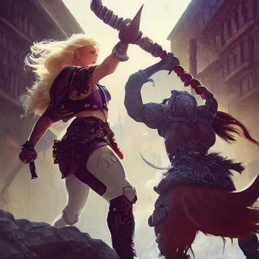 Image similar to a blonde paladin woman fighting a giant goat on the streets of a fantasy town, d & d, fantasy, highly detailed, digital painting, artstation, concept art, character art, art by greg rutkowski and tyler jacobson and alphonse mucha