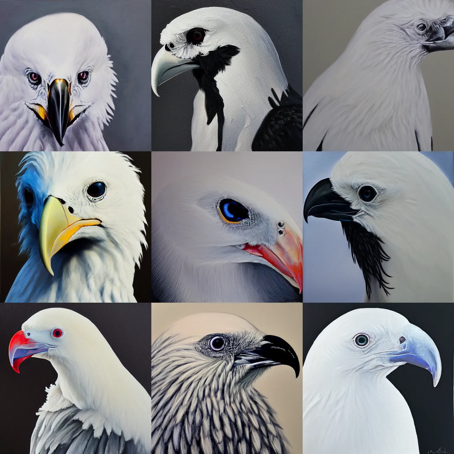 Image similar to closeup of an albino raven, high contrast, oil paint, extremely detailed