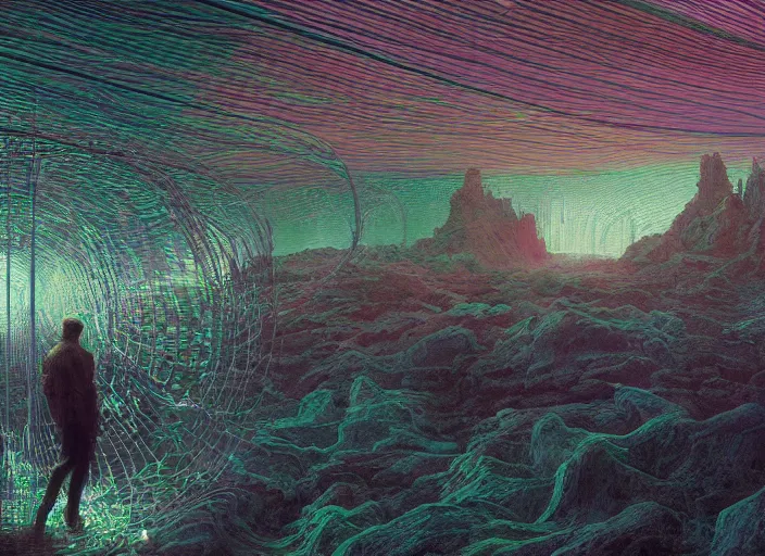 Prompt: Landscape, neon, RGB, glowing wires everywhere, by Edgar Maxence and Ross Tran, Zdzisław Beksiński, and Michael Whelan, distant, gustav dore, H.R. Giger, 8k, octane render