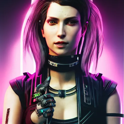 Prompt: female V from Cyberpunk 2077 wearing spiked steel choker, steel collar, steel choker, punk, steel collar, 4K, realistic, spiked collar, portrait, art, beautiful,