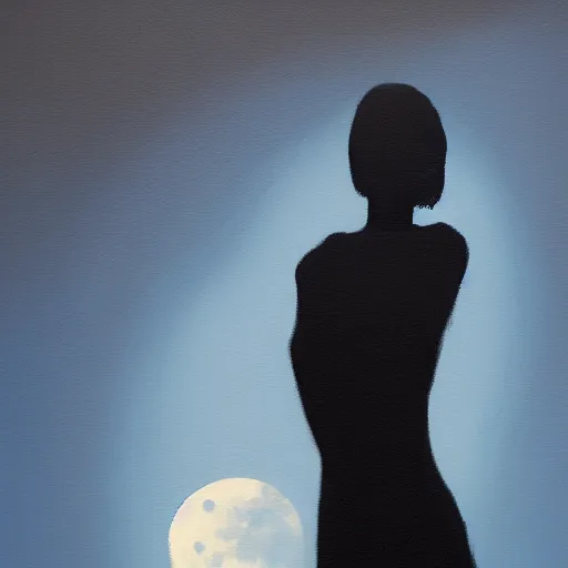 Image similar to a blue and black painting of a woman silhouetted by a full moon. Trending on ArtStation