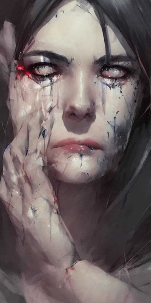 Prompt: a beautiful!!! digital painting of a crying woman with her black eyeliner being ruined, by mandy jurgens, dang my linh, yoji shinkawa, trending on artstation