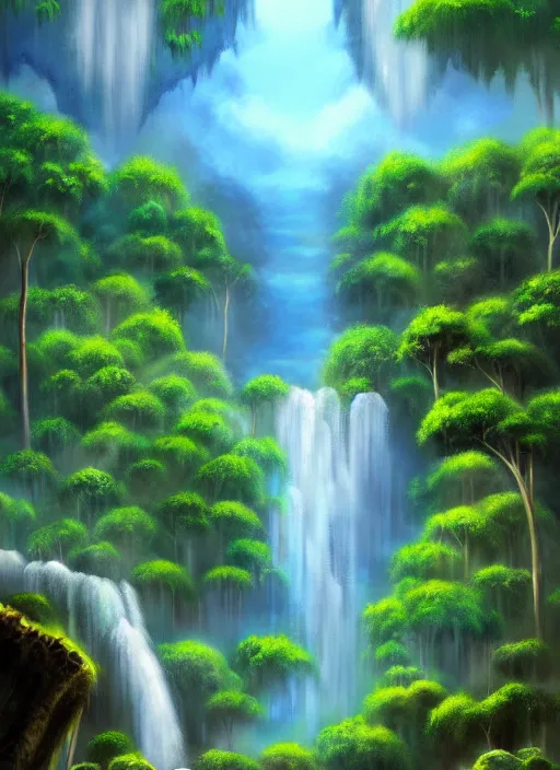 Image similar to a painting of a waterfall in the jungle, a detailed matte painting by bob ross, deviantart, fantasy art, matte painting, detailed painting, 2 d game art