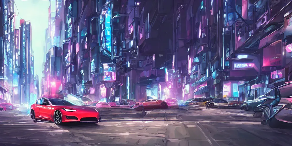 Prompt: tesla car in a city street, cyberpunk, anime, highly detailed