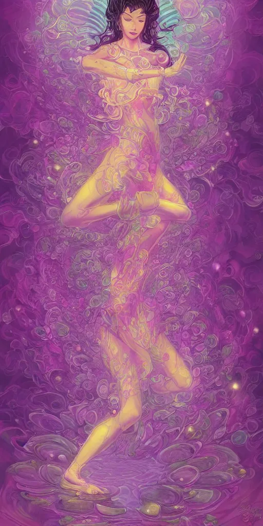 Image similar to 'lotus goddes, full body, purple, pink, yellow, concept character, water drops, lotus flower, beautiful, stunning, pink mist, radiating power, energy, god rays, luminescence, fractal, style of james jean, akira, satoshi con'