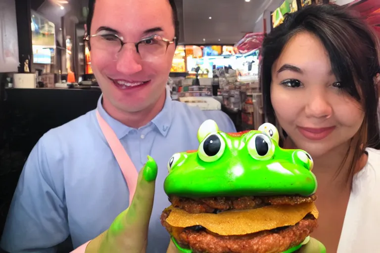 Image similar to I took a selfie with the corporate mascot of fast food chain frog burger, selfie photography, 55mm