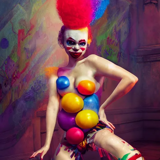 Image similar to full body pose, hyperrealistic mixed media painting of a flirty clown, dim volumetric lighting, 8 k, octane beautifully detailed render, extremely hyper detailed, intricate, epic composition, cinematic lighting, masterpiece, trending on artstation, very very detailed, masterpiece, stunning, hdr, smooth, sharp focus, high resolution, award, winning photo, dslr, 5 0 mm