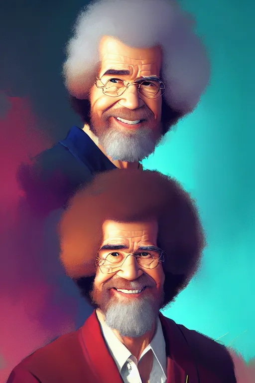 Image similar to portrait of Bob Ross, modern, colourful!! highly detailed, digital painting, artstation, concept art, sharp focus, illustration, by greg rutkowski