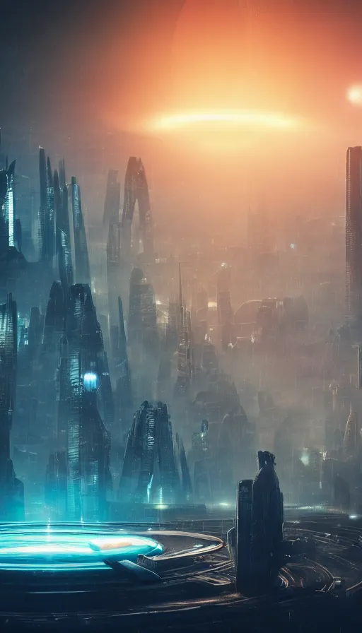 Image similar to an otherworldly futuristic Blade Runner cityscape with the planet Saturn looming large in the background, ultra realistic, 8K