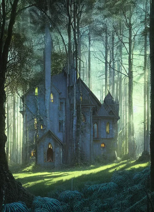 Prompt: hyper realistic witchy modern gothic house with mood lighting and tech in the woods gorgeous lighting, sunbeams blue sky, highly detailed, lush forest foliage painting by zdzisław beksinski and norman rockwell and greg rutkowski weta studio, and lucasfilm