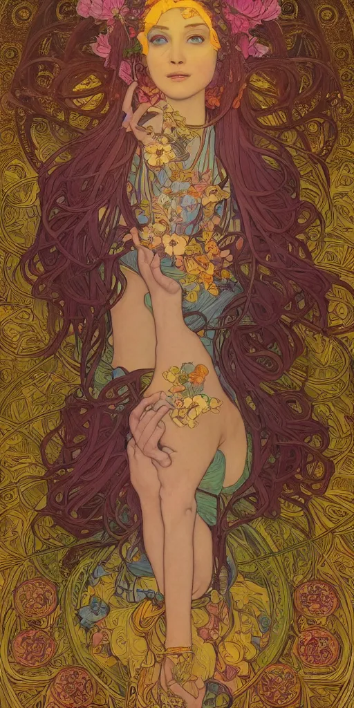 Image similar to a portrait painting of a singular beautiful female godess of spring, colorful flowers, holy geometry, tarot card style, by Mohrbacher and Moebius and Alphonse Mucha and Roger Deakins, cinematic lighting, masterpiece, golden ratio background, highly detailed, 8k resolution, trending on art station