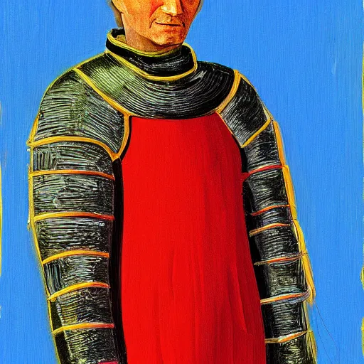 Prompt: Portrait painting a medieval knight by David hockney