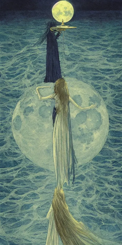 Prompt: a veiled banshee holding a brass scale in her left hand and crystal chimes in her right floating above a chunk of ice in the middle of the ocean, a full moon, digital painting by valin mattheis, carlos schwabe, sharp focus, dramatic lighting, occult symbolism