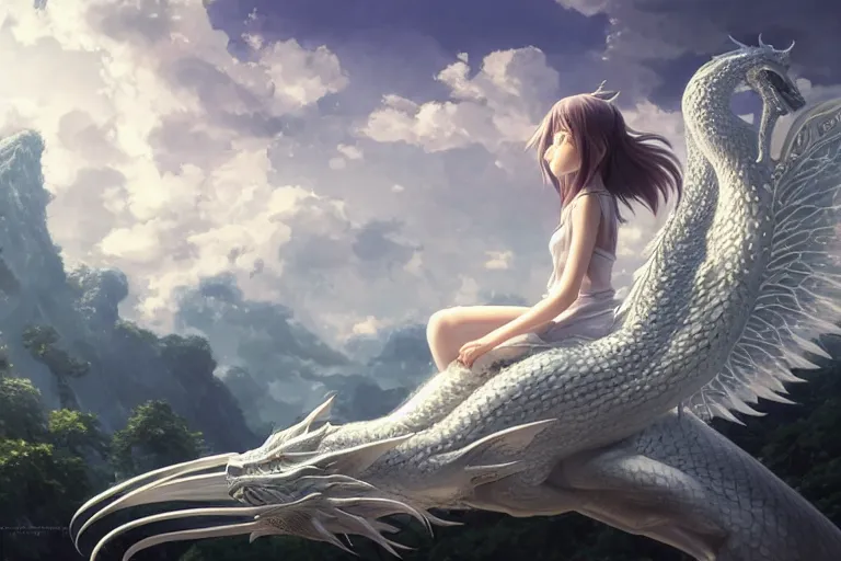 Image similar to the beautiful hyper detailed big scene render that a beautiful girl sitting on the back of a huge silver white dragon alone in fairyland surrounded by white clouds, finely detailed angelic face delicate features, style of studio ghibli, makoto shinkai, raphael lacoste, artgerm, karol bak, kazuki tanahashi, james jean, ross tran, ultra wide angle