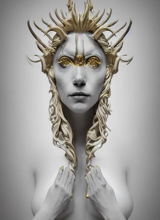 Image similar to a statue made of a gorgeous devil woman, made of white marble with gold veins, full body shot, perfect symmetrical body, perfect symmetrical face, black eyes, hyper realistic, hyper detailed, fujicolor superia photo, by johannen voss, by peter kemp, by monia merlo, by michelangelo, octane render, blender, 8 k