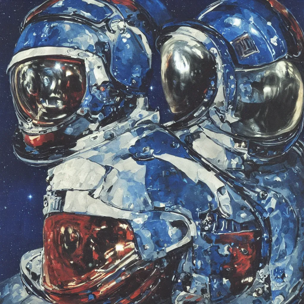 Prompt: a neoclassicist paint of renaissance ussr space cosmonaut, reflections of nebula in helmet. deep blue and pink tones, gloomy dark black background. highly detailed fantasy science fiction portrait painting by mikhail vrubel and chris cunningham. rich colors, high contrast.