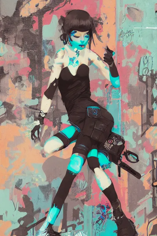 Prompt: punk girl sitting on extreme graffiti tag mural maximalism by atey ghailan, by greg rutkowski, by joe fenton, yellow, brown, black and cyan color scheme, octane render