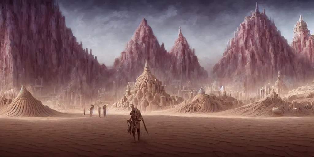 Prompt: a temple city surrounded by white salt desert dunes, merchants, colorful, matte oil painting, chrome cathedrals, retrofuturistic, concept art, science fantasy, mutant, lgbt, rpg, epic, rust, salt, jungle, dungeons & dragons, sharp focus, award - winning, extremely detailed, 4 k, 8 k