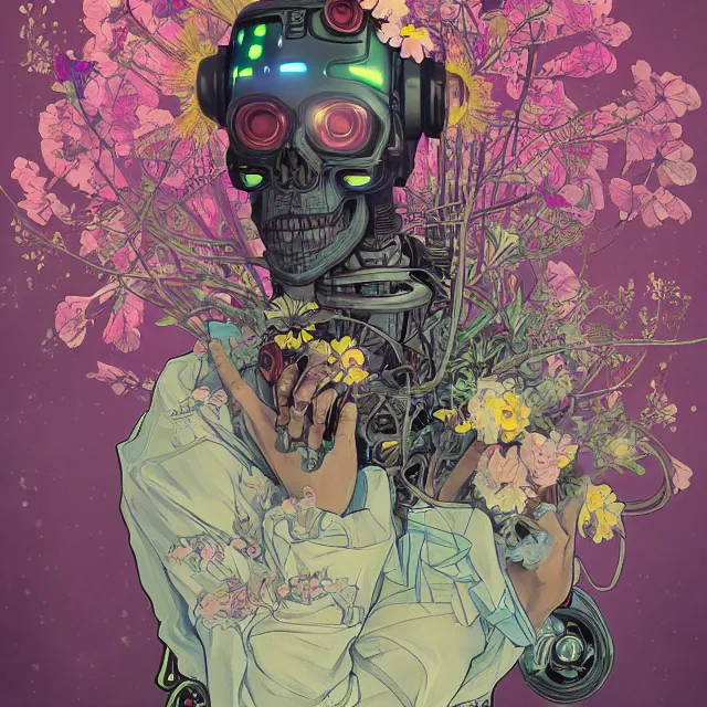 Prompt: a beautiful portrait painting of a ( cyberpunk ) skull robot covered with flowers by simon stalenhag and pascal blanche and alphonse mucha!! and nekro. in style of digital art. colorful comic, film noirs, symmetry, brush stroke, vibrating colors, hyper detailed. octane render. trending on artstation