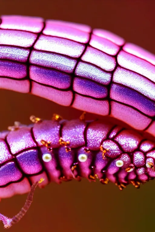 Image similar to high quality close-up photo pearlescent caterpillar! gorgeous highly detailed david ligare elson peter cinematic pink lighting high quality low angle hd 8k sharp shallow depth of field