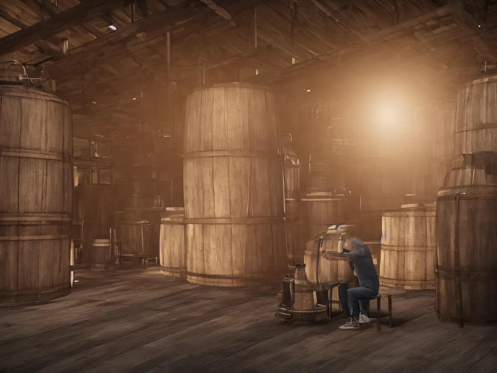 Image similar to sitting on a small wooden stool a large man sips a tiny tumbler of whisky in a whisky factory with barrels stacked up to the sealing. beautiful atmospheric lighting, sunlight beaming through open windows, small dust particles in the air. unreal engine 5, v - ray, 8 k, ultra hd, god rays.