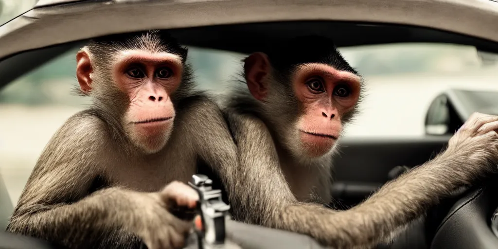 Image similar to a man with a crazy look driving car, a monkey holding a revolver in the back seat, a frightened man next to the driver, hd, ultra realistic, detailed, cinematic