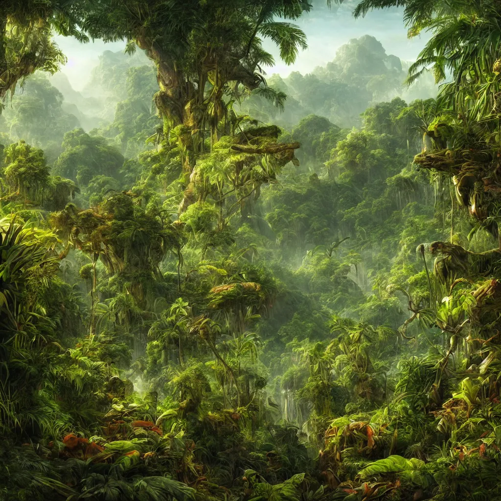 Prompt: painting of a jungle scene on an alien planet by vincent bons. ultra sharp high quality digital render. detailed. beautiful landscape. weird vegetation. water.