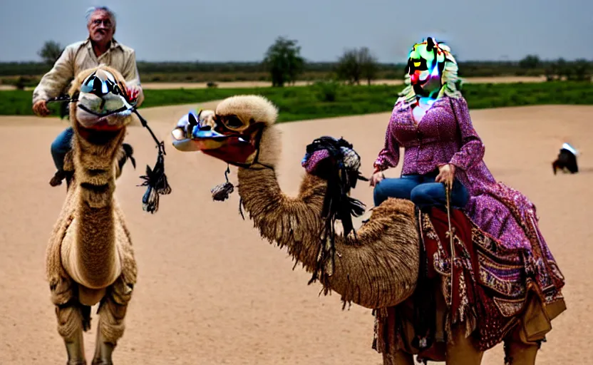 Prompt: Dolly Parton riding a camel and Robert De Niro riding an Ostrich in Slough. photo, 50mm, 150mp, XF IQ4, ISO 200