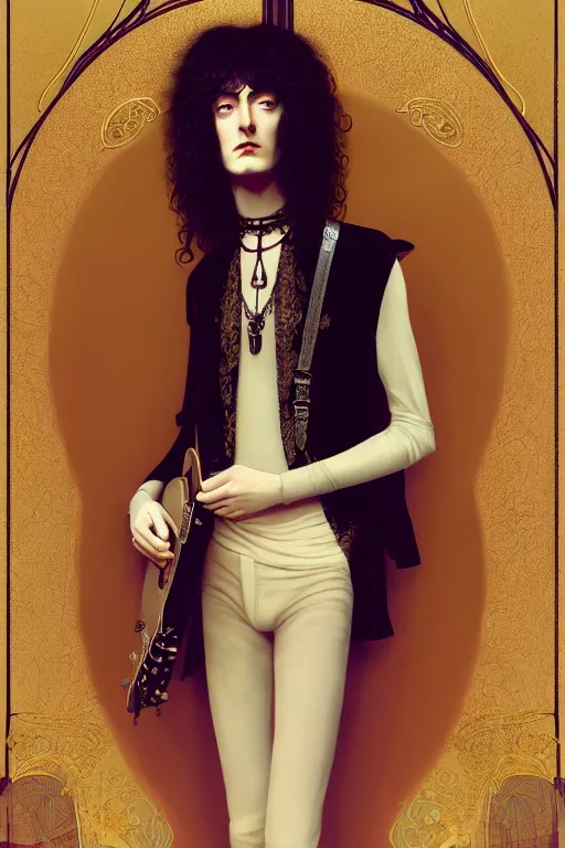Image similar to a beautiful androgynous man, long hair, tall and thin, dressed in velvet, rock star, young jimmy page, wearing several pendants and a choker, illustration, dramatic lighting, soft details, painting, art nouveau, octane render, 8 k, hd, by edmund blair leighton, brom, charlie bowater, faces by otto schmidt