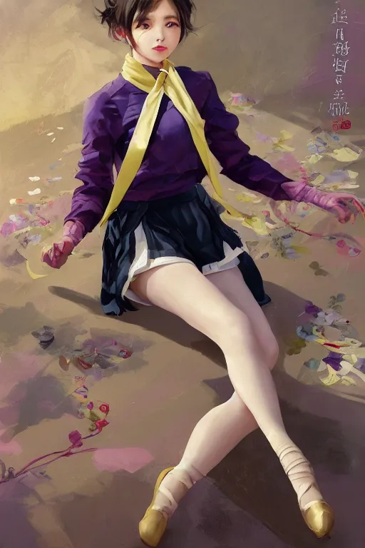 Image similar to Full View of Eunha from Viviz and gFriend making a cute face with short hair wearing a purple military uniform and short puffy pants, white leggings, Golden Ribbon, and a billowy scarf. Rhythmic gymnastics poses. masterpiece 4k digital illustration by Ruan Jia and Mandy Jurgens and Artgerm and greg rutkowski, award winning, Artstation, art nouveau aesthetic, Alphonse Mucha background, intricate details, realistic, panoramic view, Hyperdetailed, 8k resolution, intricate art nouveau