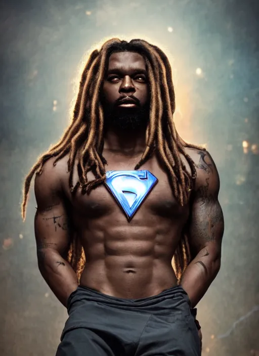 Image similar to Realistic Black man with burning tattoos, superpowers, superhero, tied Dreadlock hair, artistic pose, light atmosphere, cinematic shot, intricate, ornate, photorealistic, ultra detailed, realistic, 100mm, photography, octane, high definition, depth of field, bokeh, 8k, artstation