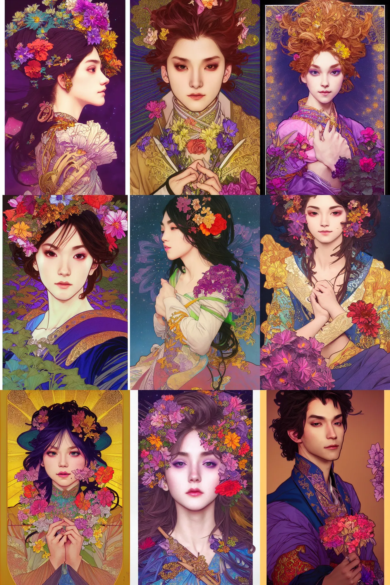 Prompt: portrait, colorful prince, night, japan, 4 k, ultra realistic, beautiful colors, epic lighting, flowers, high detail, masterpiece, trending on artstation by artgerm and akihito tsukushi and alphonse mucha, crayons