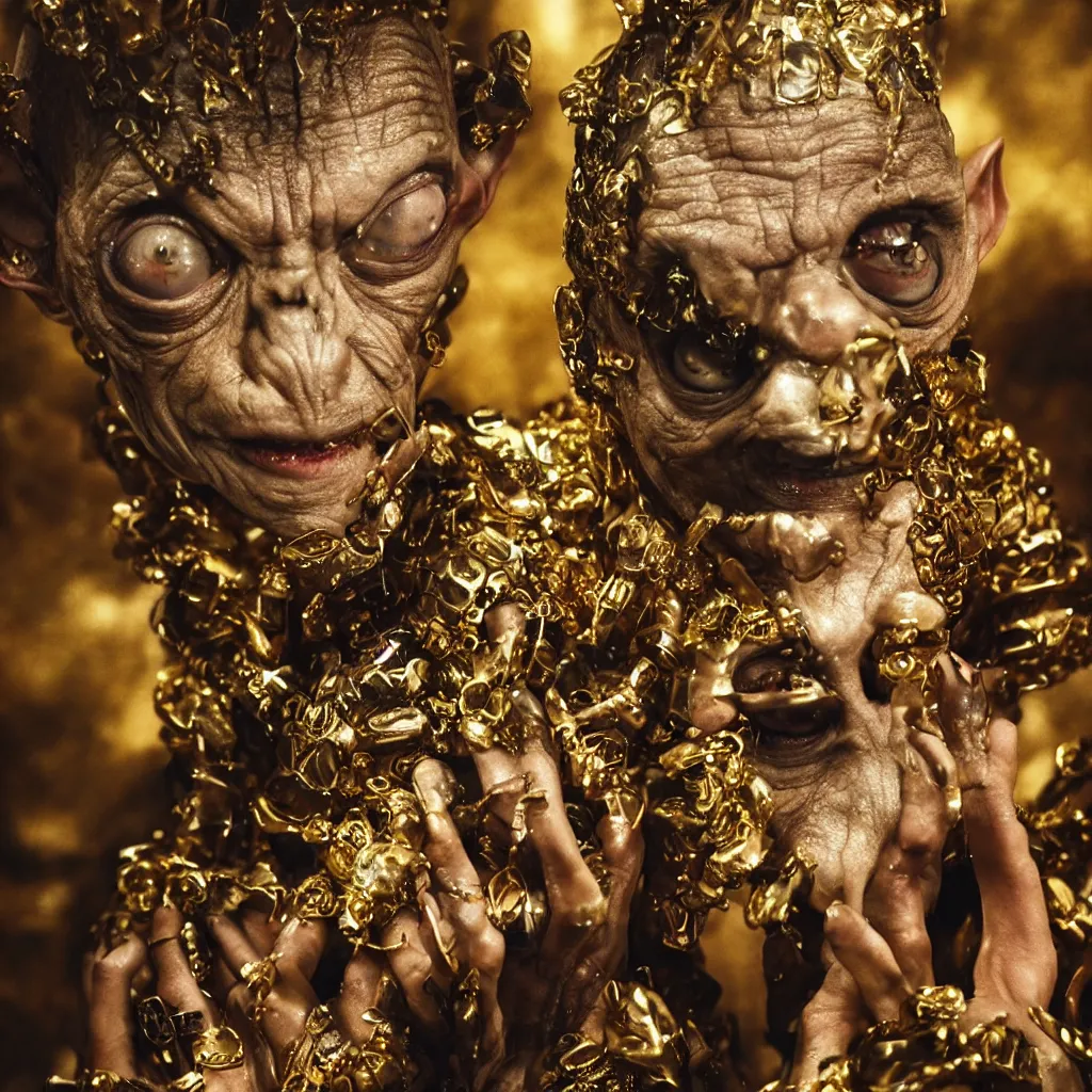 Image similar to gollum proudly wearing gold in a dungeon, bling, hip hop style, tattoos, exaggerated features, imax, foggy atmosphere, bokeh, professional studio shot, stylized photo