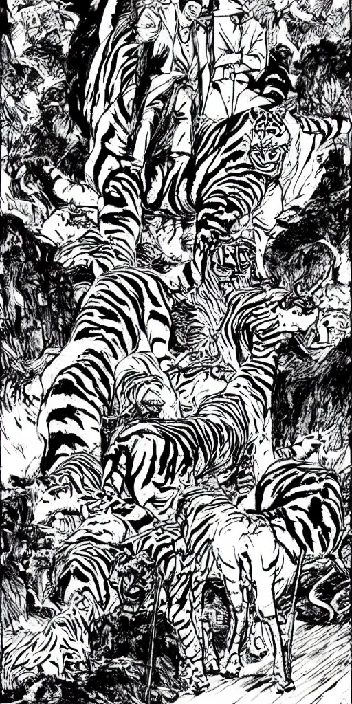 Image similar to man riding a chariot car being pulled by tigers colored and drawn by Junji Ito.